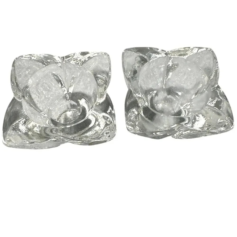 Pair of Vintage Clear Glass Squared Blossom Tapered Candle Stick Holders Flower